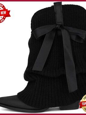Knitted Slouchy Cowboy Boots Fold Over Western Mid Calf Booties Chunky Heel
